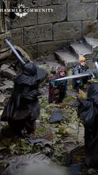 A dynamic scene depicts a confrontation between a group of cloaked figures, resembling Ringwraiths, and a diverse band of heroes from The Lord of the Rings. The heroes, including characters like Aragorn and Frodo, are positioned in a ruined stone setting, surrounded by overgrown foliage and debris. The Ringwraiths, dressed in dark, tattered cloaks, wield swords, creating a tense atmosphere as they face off against the protagonists. The intricate details of the miniatures highlight their distinct features and expressions, enhancing the narrative of this iconic moment.