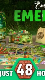 A vibrant tabletop scene showcases the Everdell Emerland expansion, featuring a lush jungle backdrop. In the foreground, a colorful frog character in a cape gestures towards the game components, which include a detailed game board, various tokens, and meeples. A cute, anthropomorphic creature resembling a bear holds an envelope, while the text "JUST 48 HOURS" is prominently displayed at the bottom, emphasizing the campaign's urgency.