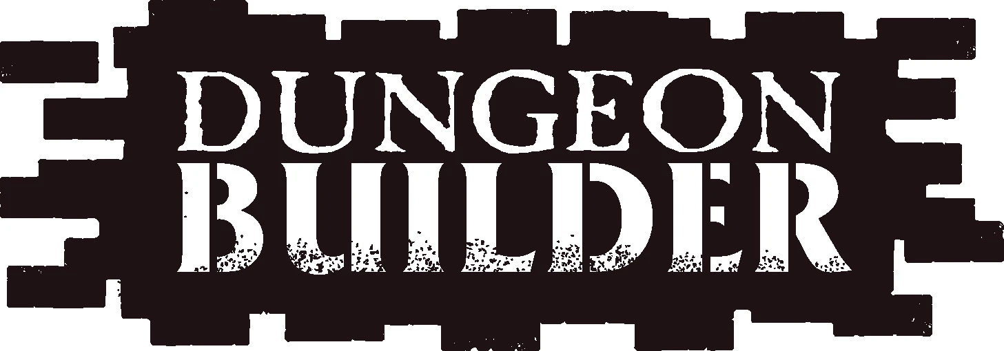 The image features the text "DUNGEON BUILDER" prominently displayed in a bold, distressed font, set against a dark background that resembles wooden planks. The letters are white with a textured appearance, giving a rugged feel that aligns with the theme of dungeon building. The overall design conveys a sense of adventure and creativity, suitable for tabletop gaming enthusiasts.