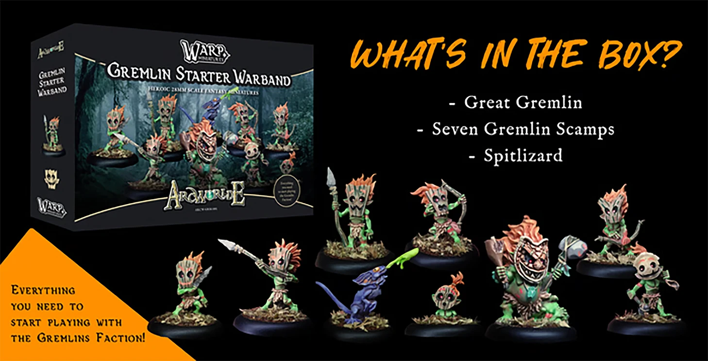 A collection of miniatures features a Great Gremlin and seven Gremlin Scamps, each with distinct designs and vibrant colors, showcasing their mischievous nature. A Spitlizard, a small creature with a long tail and bright colors, is also included in the lineup. In the background, a box displays the text "WHAT'S IN THE BOX," listing the miniatures included in the set.