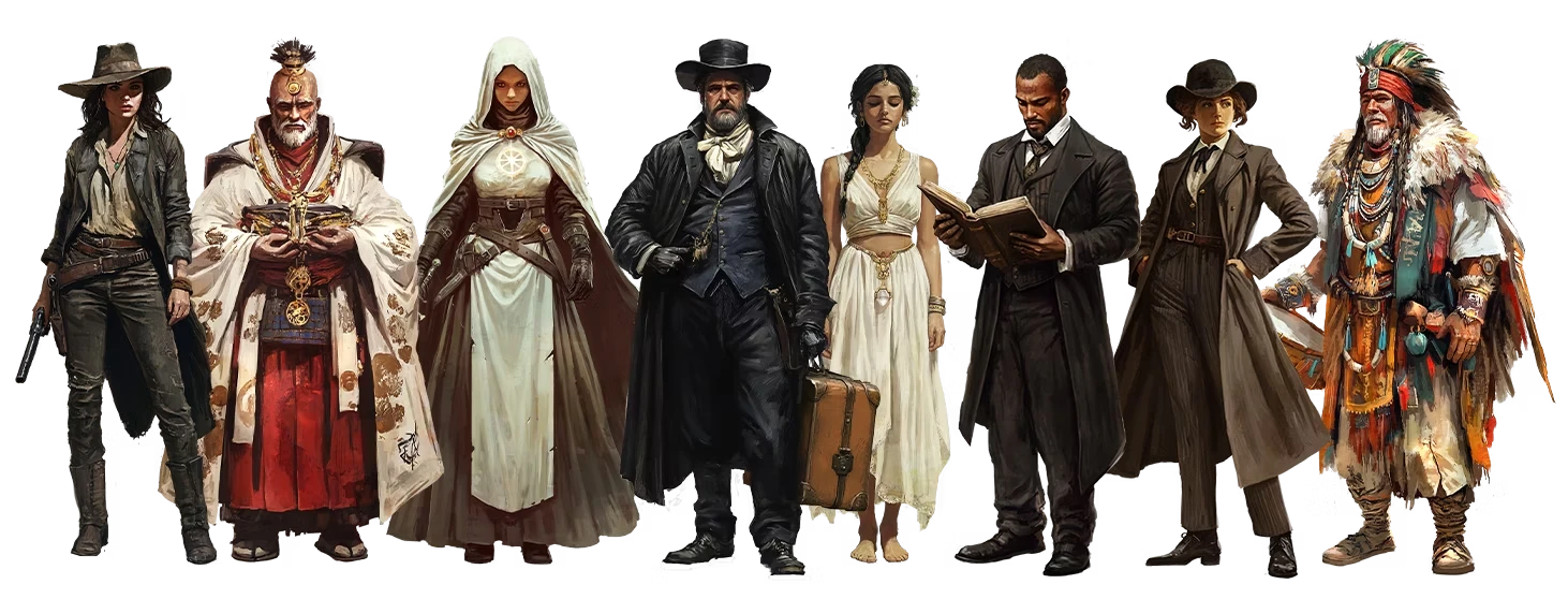 A group of five characters stands side by side, each dressed in distinct attire reflecting a mix of historical and fantastical elements. On the left, a robed figure holds a ceremonial object, followed by a woman in a white cloak with a symbol on her chest, suggesting a role in exorcism or protection. Next, a man in a dark coat and hat carries a suitcase, while a woman in a flowing white dress adorned with jewelry stands beside him. Finally, a man in formal attire reads from a book, indicating a scholarly or magical role. The overall composition conveys a sense of mystery and adventure, fitting for a demon-hunting narrative.