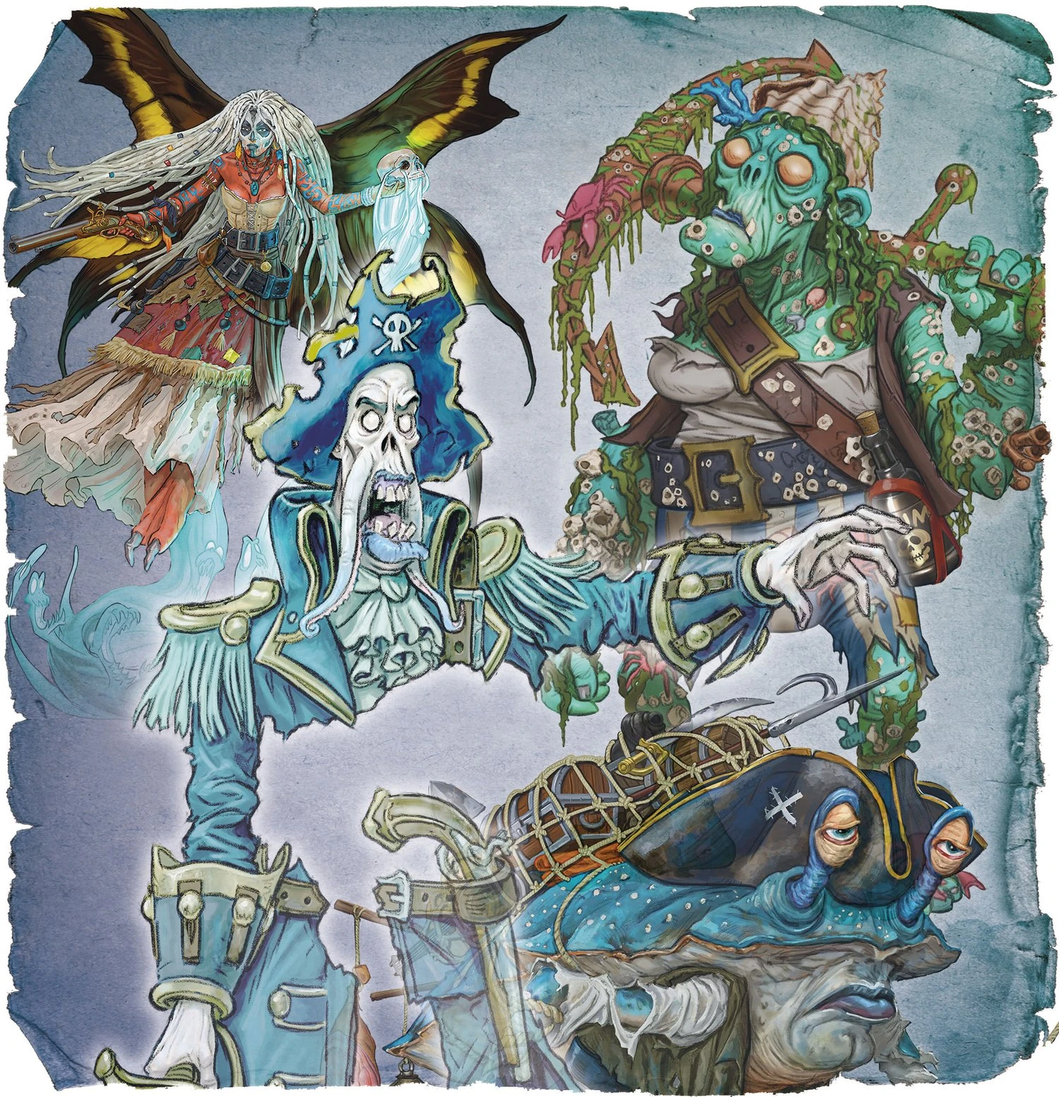 A colorful illustration features four undead pirate characters. On the left, a faerie pirate with large, dark wings and a flowing dress, exuding an ethereal glow. In the center, an undead pirate captain in a blue coat, with a skeletal face and a long beard, gestures dramatically. To the right, a green-skinned pirate with a patchy outfit and various sea creatures adorning her, holds a weapon. At the bottom, a crab-like creature with a pirate hat carries a treasure-laden shell on its back, showcasing its hoard. The background has a textured, oceanic theme, enhancing the pirate atmosphere.