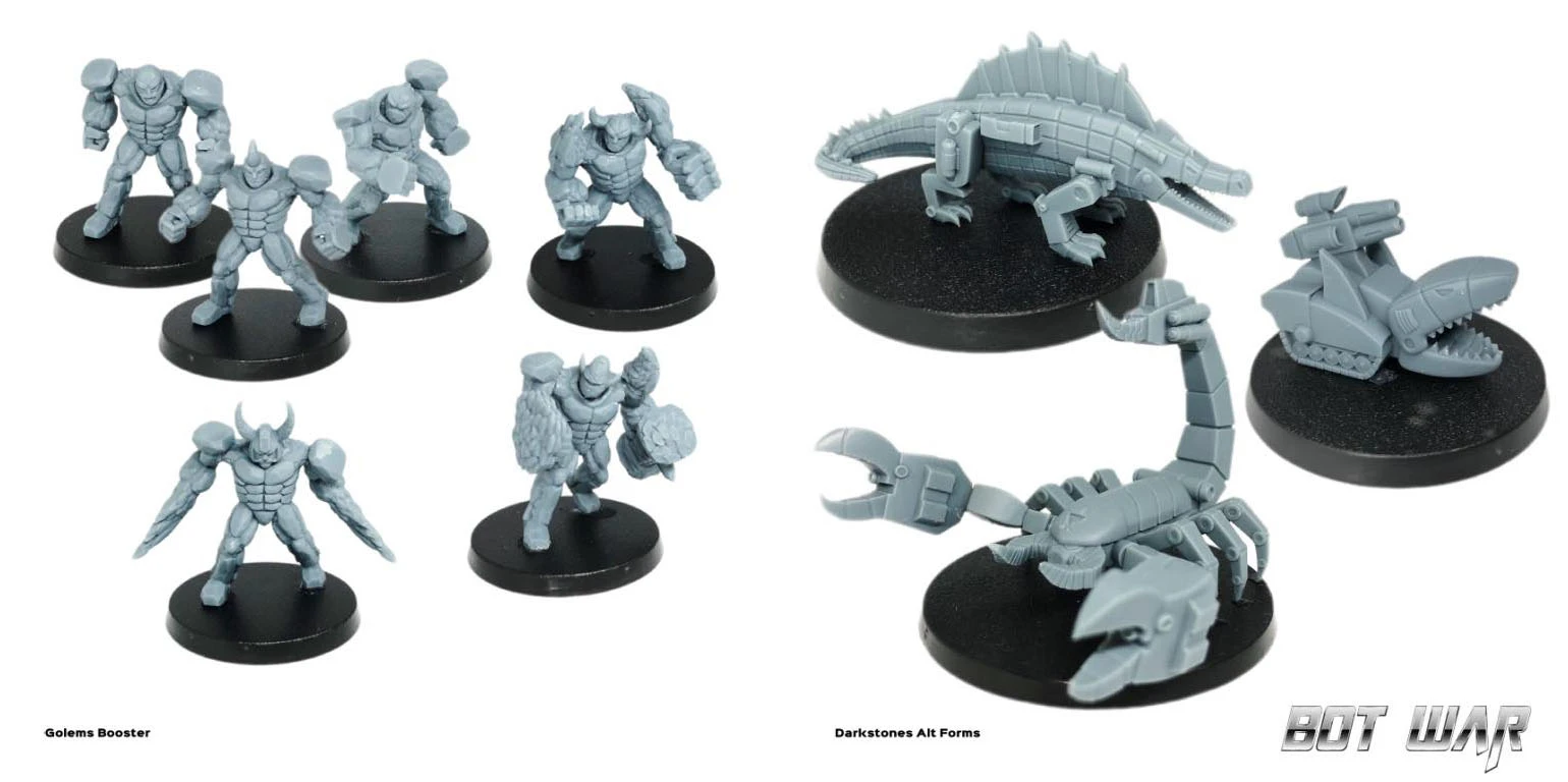 A collection of six unpainted miniatures from the Darkstones Alt Forms series is displayed on black bases. The figures include various robotic and animalistic designs, showcasing distinct features such as armor plating, claws, and unique postures. One larger figure resembles a mechanical creature with a spiked back, while the others exhibit a range of poses, suggesting dynamic action suitable for tabletop gaming.