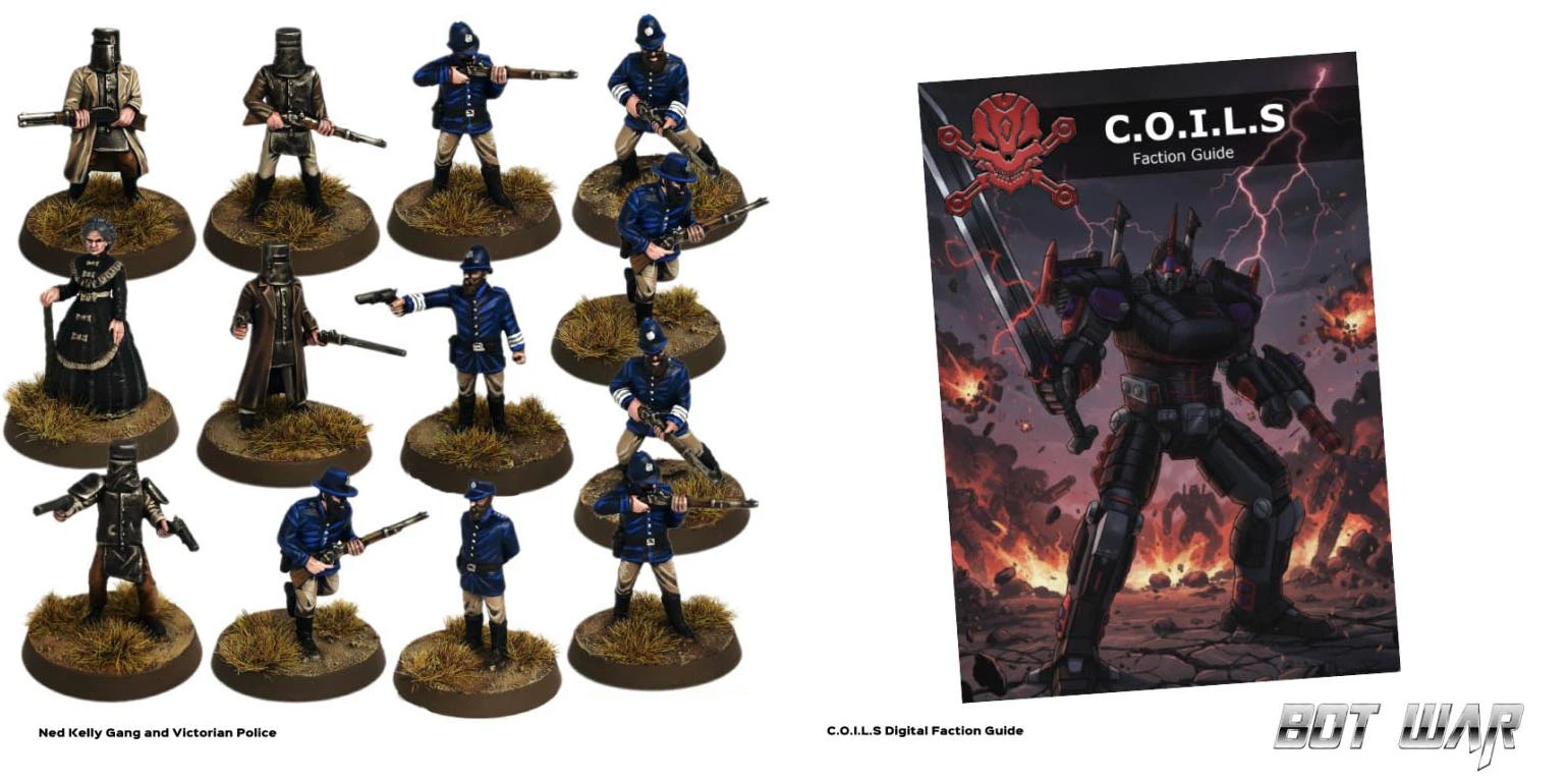 A collection of miniatures features a mix of Victorian police officers and Ned Kelly's gang of bandits. The figures are intricately detailed, with some wearing bucket helmets and others in traditional blue police uniforms, all standing on circular bases adorned with tufts of grass. The arrangement showcases various poses, including some holding rifles and others with pistols, highlighting the historical theme of the set.