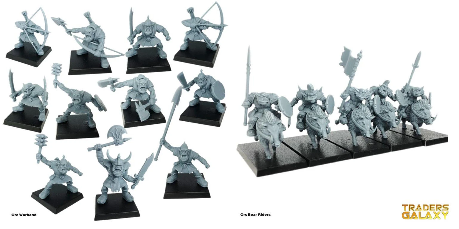 A collection of ten grey plastic orc miniatures is displayed on black bases, showcasing various poses and weapons. The orcs are equipped with a mix of weapons, including bows, swords, axes, and shields, highlighting their battle-ready stance. Each figure features distinct facial expressions and armor details, emphasizing their fierce and aggressive nature.