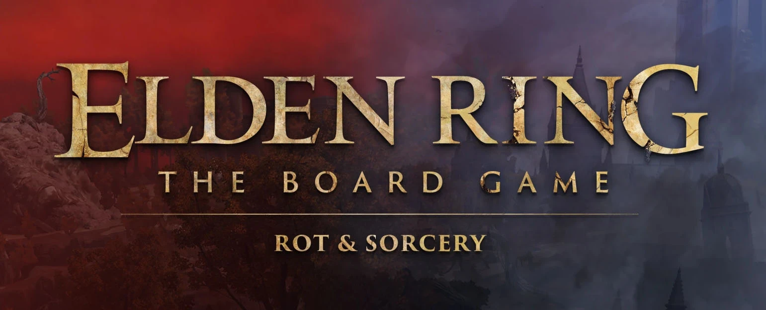The image features the title "ELDEN RING: THE BOARD GAME" prominently displayed in a bold, metallic font, with the subtitle "ROT & SORCERY" beneath it. The background transitions from deep red to dark purple, evoking a sense of mystery and decay, while subtle textures suggest a fantastical landscape. The overall design reflects the themes of the Elden Ring universe, hinting at adventure and exploration.