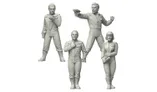 The image features four sci-fi miniatures from Crooked Dice Design Studio, depicting Galactic Explorers. Each figure is intricately designed, showcasing a variety of poses: one character stands confidently with a raised hand, another holds a weapon, while the others display different stances, suggesting action and readiness. The miniatures are dressed in form-fitting, futuristic outfits, emphasizing their roles as explorers in a sci-fi setting. The figures are presented in a light gray color, typical of unpainted resin models.