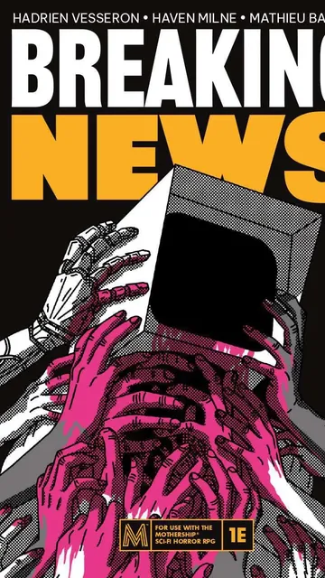 Pink skeletal hands holding a black tablet with text "FOR USE WITH THE MOTHERSHIP SCI-FI HORROR RPG 1E"