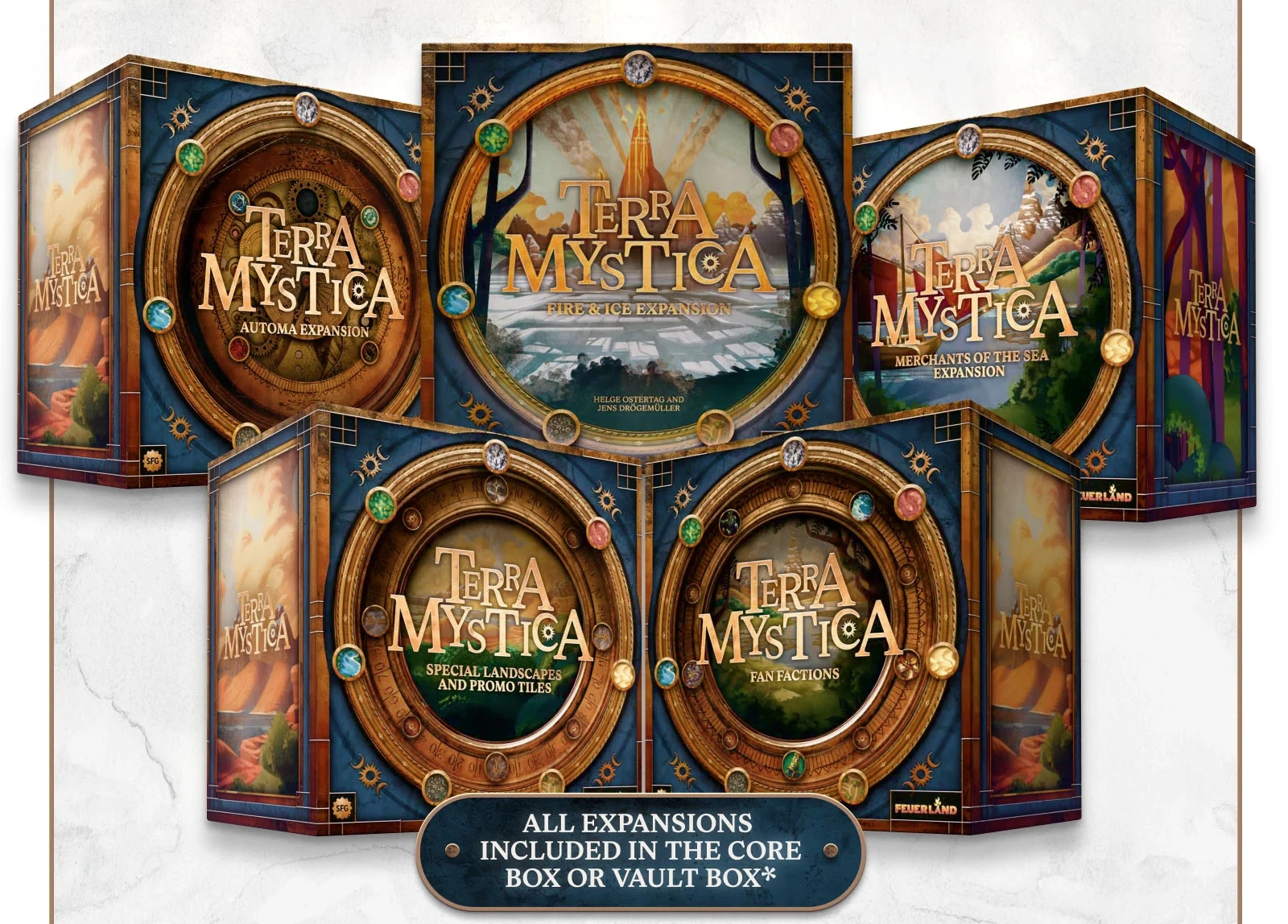 A collection of six box covers for the board game "Terra Mystica," prominently featuring the game's logo and artwork. The boxes include expansions such as "Automa Expansion," "Fire & Ice Expansion," "Merchants of the East Expansion," "Special Landscapes and Promo Tiles," and "Fan Factions." A banner at the bottom states, "ALL EXPANSIONS INCLUDED IN THE CORE BOX OR VAULT BOX," emphasizing the comprehensive nature of this edition. The design features rich colors and intricate details, enhancing the visual appeal of the game.