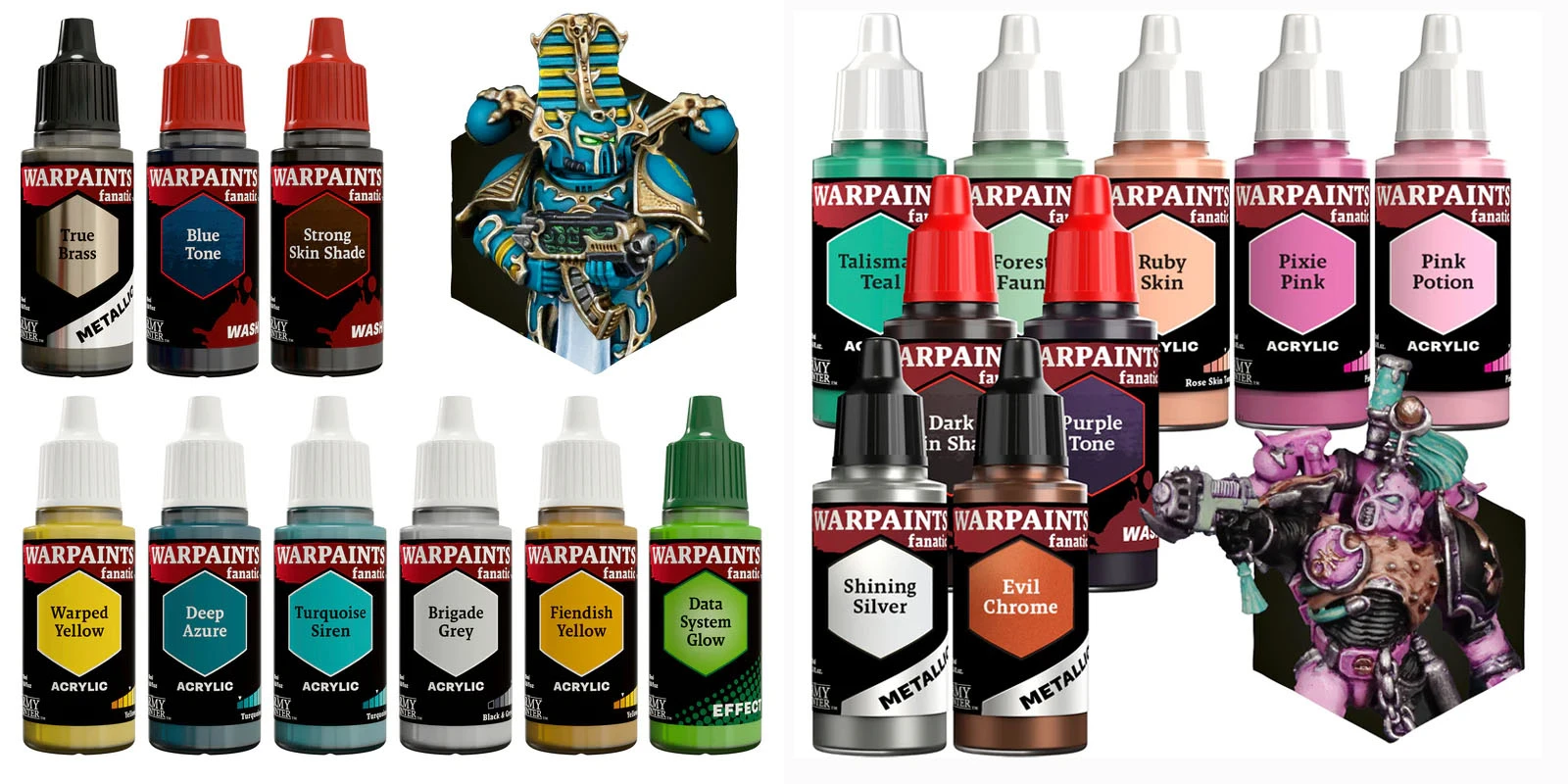 A collection of paint bottles from Army Painter is displayed, featuring various colors and shades specifically curated for Warhammer 40,000’s Chaos forces. The bottles include shades like "Blue Tone," "Strong Skin Shade," and "Talisman Teal," alongside vibrant colors such as "Deep Azure," "Turquoise Siren," and "Fiendish Yellow." An intricately painted miniature figure, resembling a character from the game, is positioned prominently in the center, showcasing the potential application of these paints.