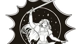 A dynamic black and white illustration features a heroic female figure wielding a sword, poised in an action stance. She has long flowing hair and is adorned in a detailed outfit, with intricate designs visible on her sleeves and waist. The background includes a circular motif filled with stars, surrounded by a jagged, starburst-like outline, enhancing the sense of movement and energy in the scene.