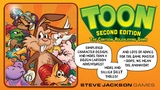 A colorful graphic features the title "TOON" in large, bold letters at the top, with "SECOND EDITION" and "THE Cartoon Roleplaying Game" below it. The background is a vibrant orange, and playful cartoon characters are illustrated on the left side, showcasing a whimsical style. Text highlights include "Simplified character design, and more than a dozen cartoon adventures!" and "And lots of advice for the Game Master – OOPS, WE MEAN THE ANIMATOR!" along with "More and sillier silly tables!" at the bottom, all attributed to Steve Jackson Games.