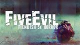 The image features the title "FiveEvil" prominently displayed in bold, distressed white lettering against a dark, atmospheric background that suggests a sense of horror and unease. Below the title, the subtitle "FIENDISH 5e HORROR" is presented in a smaller font, also in white, maintaining the gritty aesthetic. The background includes abstract, muted colors that evoke a haunting environment, enhancing the overall theme of unsettling horror.