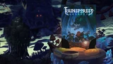 A vibrant, illustrated cover for the game "Rainspores: Odyssey" is prominently displayed in the center, featuring whimsical characters and a lush, fantastical forest backdrop. The scene is filled with oversized mushrooms and a dark, shadowy figure in the background, adding an element of mystery. The color palette includes deep blues and greens, creating an enchanting atmosphere that invites exploration.