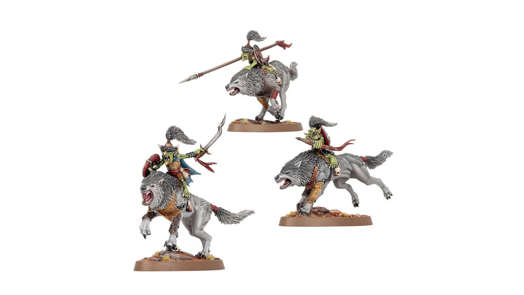 Three goblin miniatures are depicted riding large, fierce-looking wolves. Each goblin is adorned in colorful armor, with one wielding a spear and another holding a sword and shield. The wolves are detailed with shaggy fur and fierce expressions, set on bases that suggest a rugged terrain with tufts of grass.