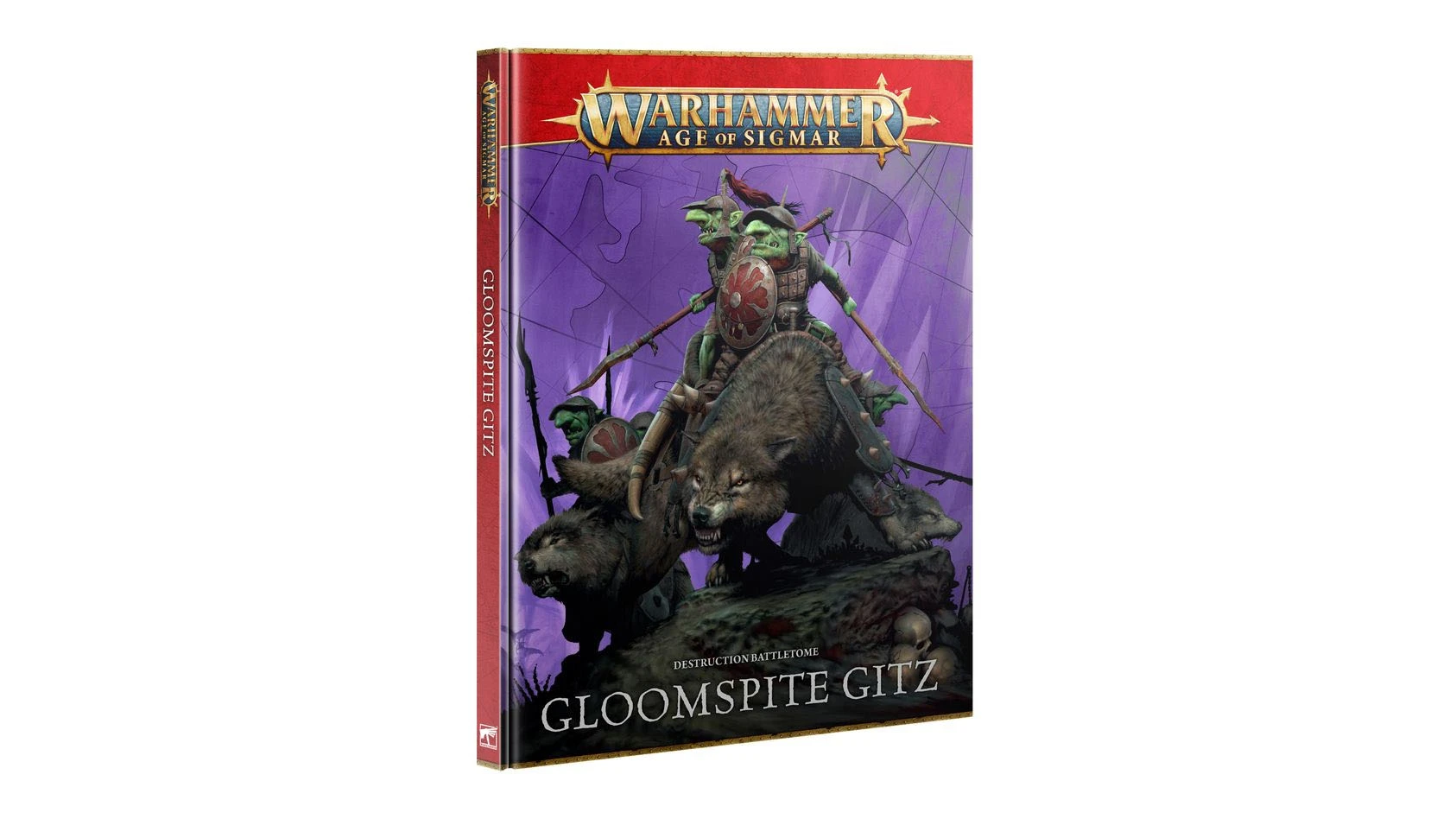 A vibrant cover of the "Gloomspite Gitz" Battletome features a goblin leader riding a large, fierce wolf, adorned with armor and a shield. The background showcases a dark, mystical landscape with hints of purple and green, enhancing the fantastical theme. The title "WARHAMMER AGE of SIGMAR" is prominently displayed at the top, with "DESTRUCTION BATTLETOME" and "GLOOMSPITE GITZ" at the bottom, emphasizing the focus on this new faction.