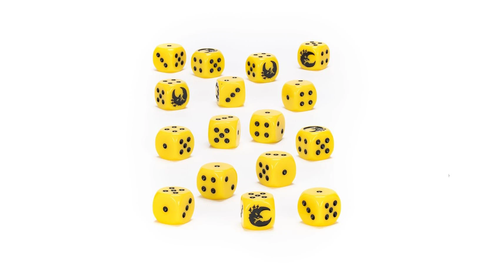 A collection of yellow dice is displayed, featuring various black pips and designs. Some dice have a crescent moon symbol, while others show standard pips. The arrangement includes a mix of different die sizes, creating a vibrant and thematic set suitable for tabletop gaming.