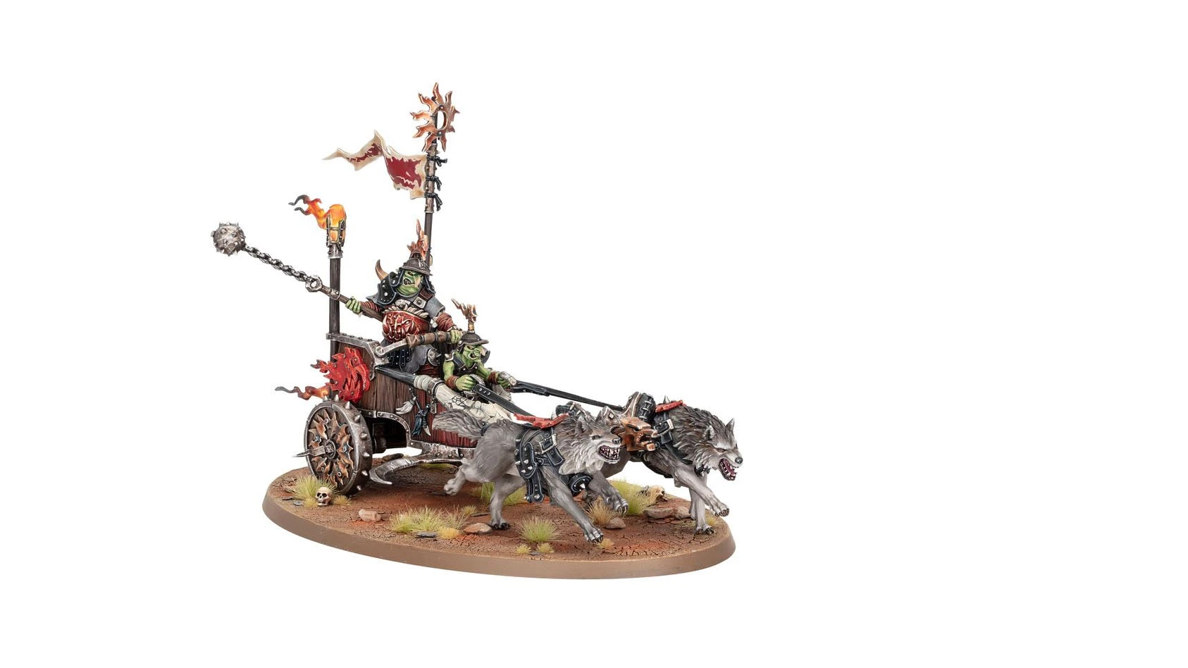 A chariot pulled by two fierce-looking wolves features a pair of goblin riders, one wielding a weapon and the other holding reins. The chariot is adorned with flames and a banner, set against a base with scattered grass and skulls. The overall color scheme includes earthy tones with vibrant accents, emphasizing the chaotic nature of the goblin faction.