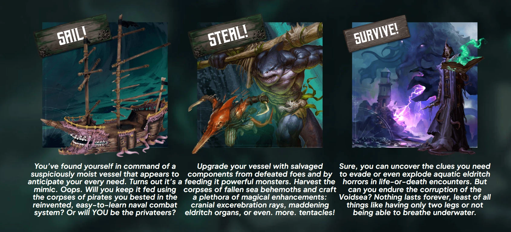 A split image features two distinct scenes related to the Voidsea campaign. On the left, a muscular humanoid creature with shark-like features wields a large wooden club, accompanied by a smaller, fish-like creature, both set against a dark, watery background. The word "STEAL!" is prominently displayed above them. On the right, a stormy seascape shows a lighthouse amidst ominous waves and lightning, with the text "SURVIVE!" above, hinting at the dangers of the Voidsea.