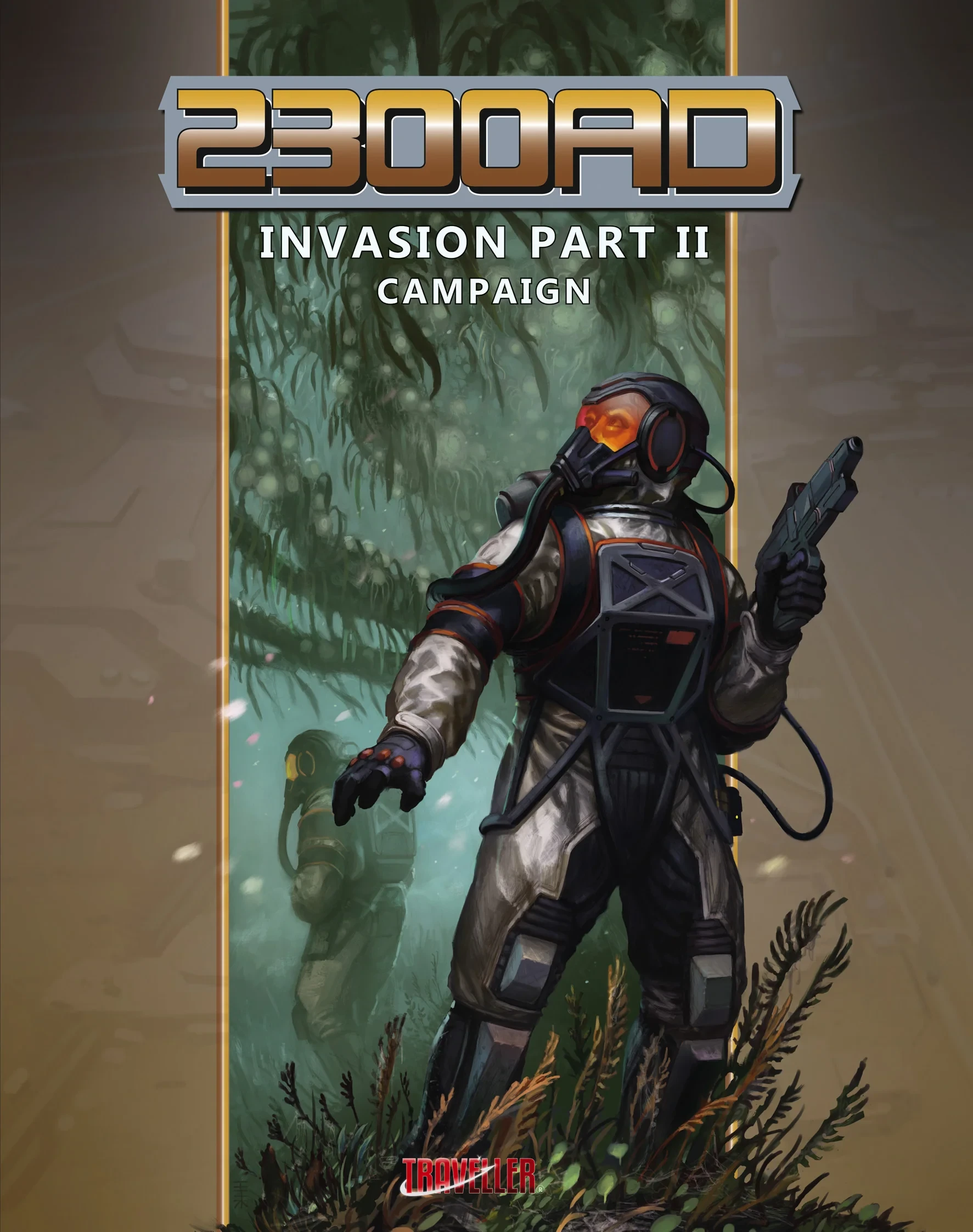 A futuristic cover illustration for "2300AD: Invasion Part II" features a humanoid figure in a high-tech spacesuit, complete with a helmet and orange-tinted visor, standing in a dense, alien environment filled with green foliage. The character is holding a weapon and appears to be surveying the surroundings, suggesting a sense of tension or readiness. The title "2300AD" is prominently displayed at the top, with "INVASION PART II" and "CAMPAIGN" below it, set against a contrasting background that enhances the sci-fi theme.