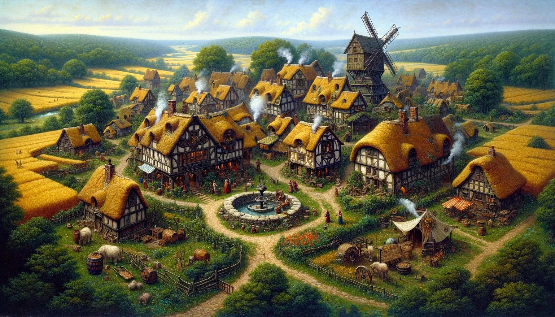 Thistleford Village, nestled along a river. 