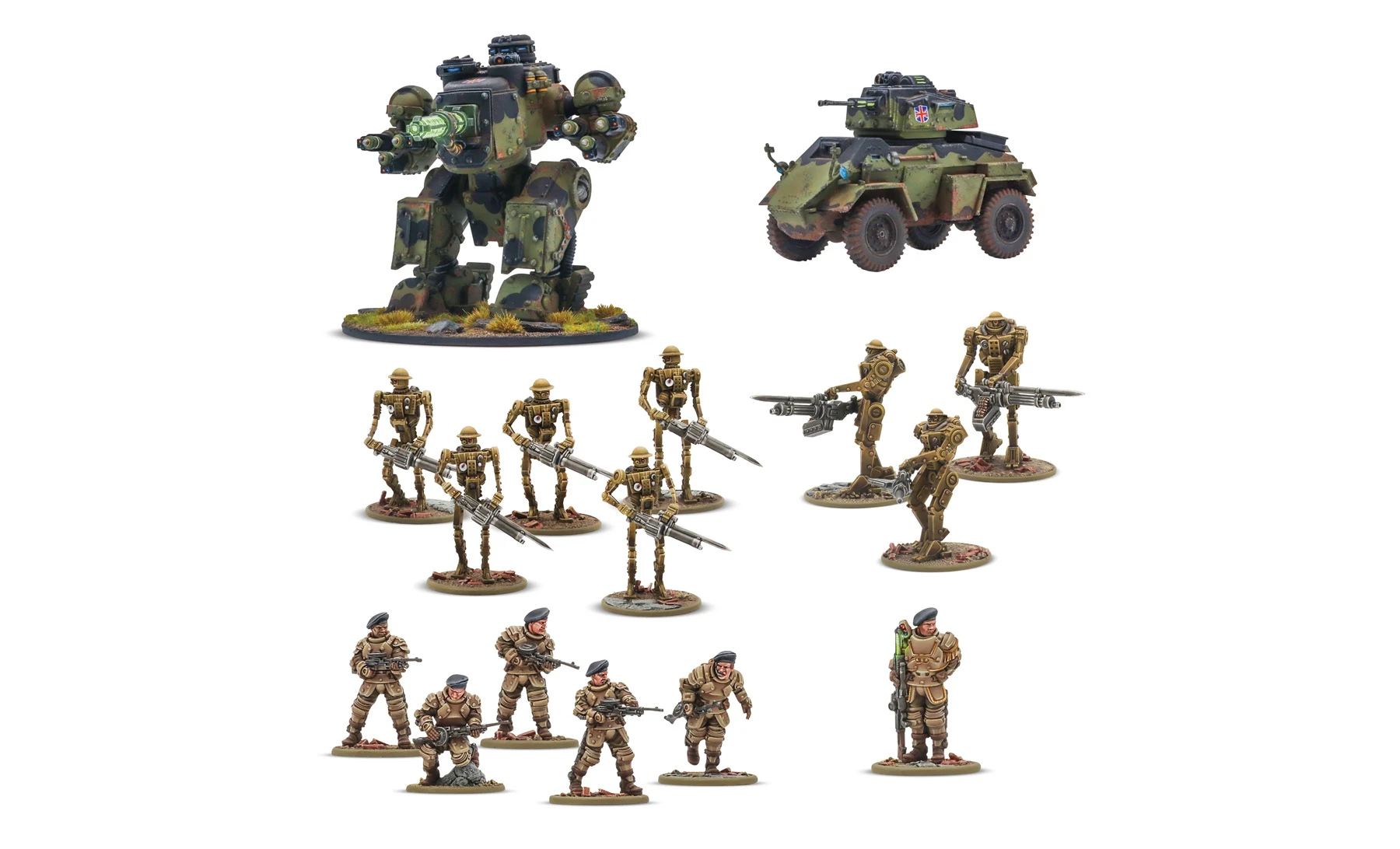 A collection of miniatures from Warlord Games' Konflikt '47 features a large, camouflaged medium assault walker prominently displayed on the left, equipped with a turret and a large cannon. Below it, five Mk I automated infantry figures are arranged, each holding weapons, alongside three Mk II heavy automated infantry. To the right, five Galahad armoured infantry figures are shown, with a Humber Mk VII armoured car positioned at the far right, showcasing its military design. The overall color palette includes earthy tones and military greens, enhancing the thematic look of the starter army.