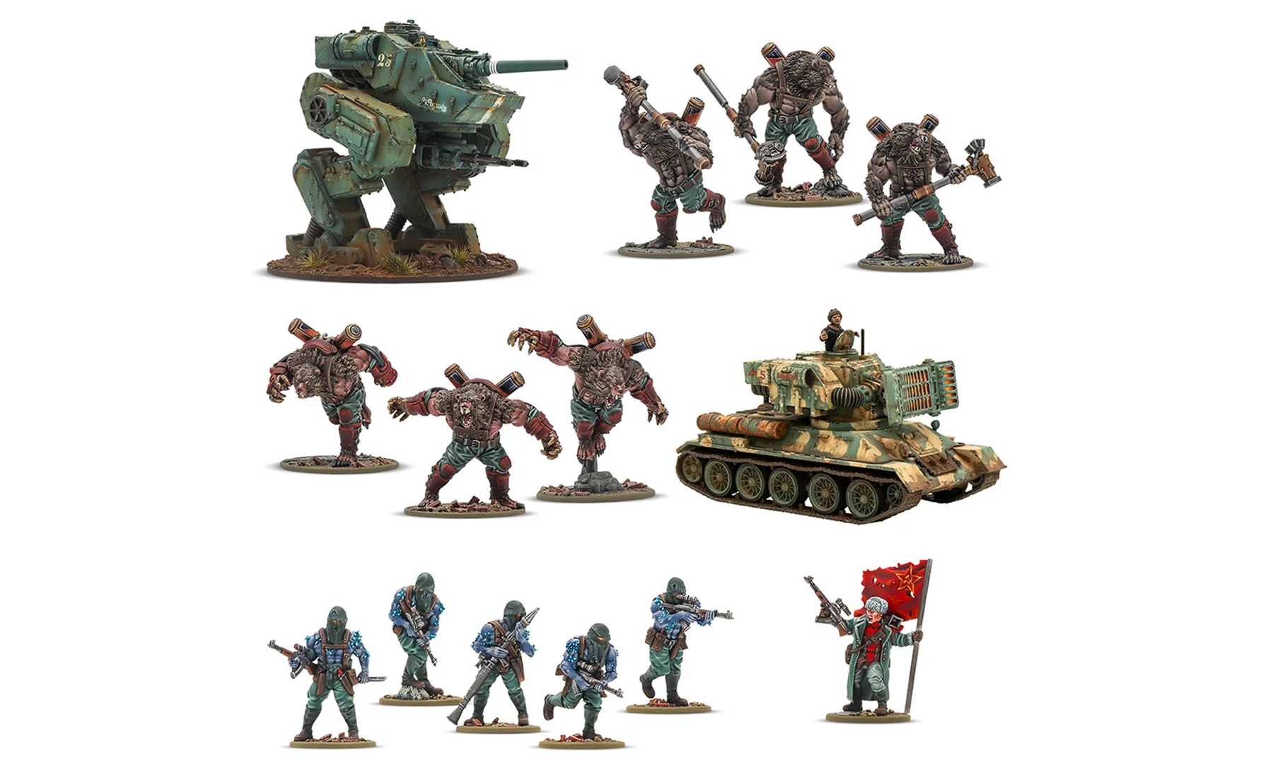 A collection of miniatures from Warlord Games' Konflikt '47 features a variety of detailed models. In the upper section, a large, green medium walker stands alongside several Ursus infantry figures, each equipped with weapons and distinctive features. The lower section showcases more infantry in blue and green uniforms, along with a T-34/ZP medium tank, highlighting the diverse forces available in this starter army set.
