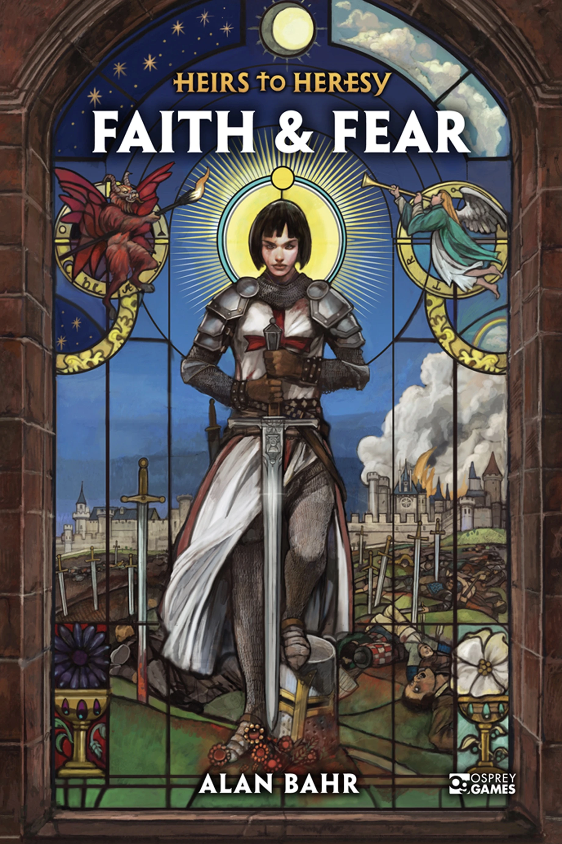 Female knight being shown as being in a Stained Glass window