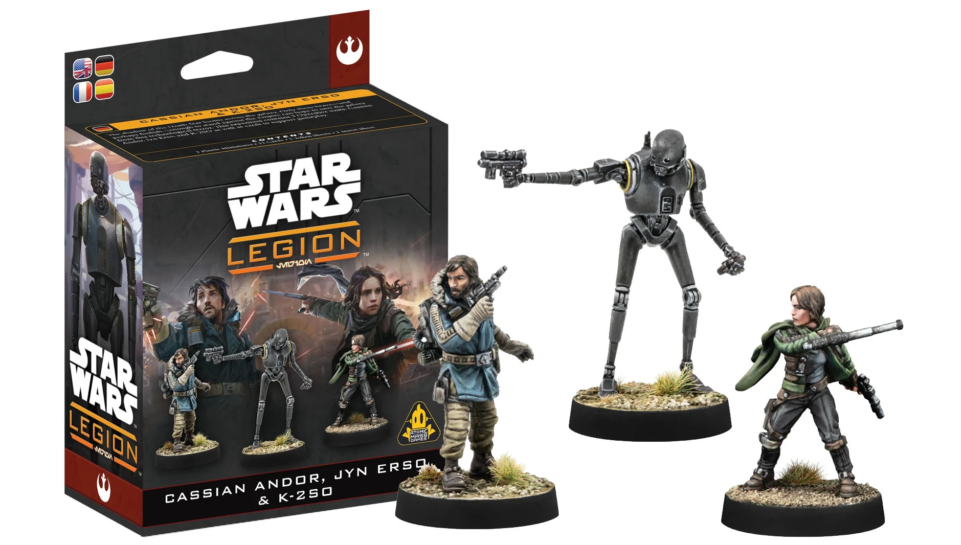 A packaging box for the Star Wars: Legion expansion featuring Cassian Andor, Jyn Erso, and K-2SO is prominently displayed. The box showcases artwork of the characters alongside their miniatures, with Cassian Andor depicted in a rugged outfit holding a blaster, Jyn Erso in a determined pose, and K-2SO, the droid, standing tall. The background includes a stylized representation of the Star Wars universe, enhancing the thematic presentation.
