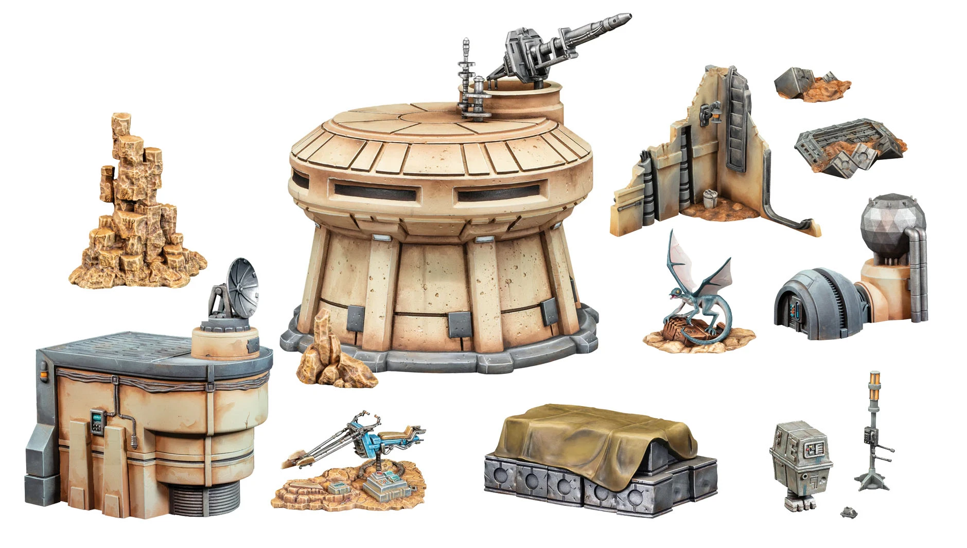 A collection of detailed terrain pieces designed for tabletop gaming, featuring a large circular structure with a turret on top, surrounded by various smaller elements. These include rocky outcrops, a small creature perched on a nest, a covered cargo area, and several industrial-looking structures. The pieces exhibit a weathered, sci-fi aesthetic, suitable for Star Wars: Legion and other 32mm scale games.