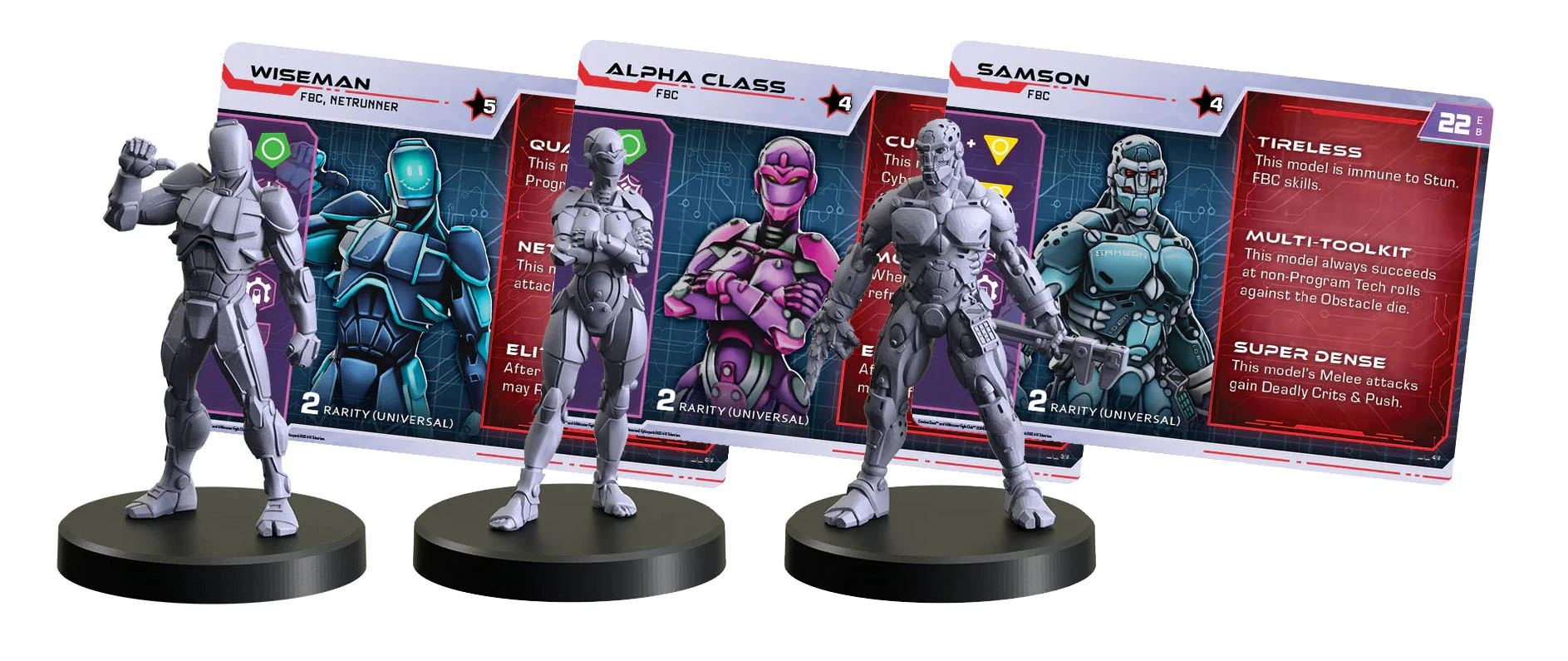 Three cyborg miniatures from Monster Fight Club's "Going Metal" set are displayed on black bases, showcasing their intricate designs. The figures feature a blend of human and robotic elements, with one model in blue armor, another in a sleek pink design, and a third with a muscular, chrome-like appearance. Behind each miniature are Full Body Conversion cards detailing their stats and abilities, emphasizing their tactical advantages in the Cyberpunk Combat Zone game.