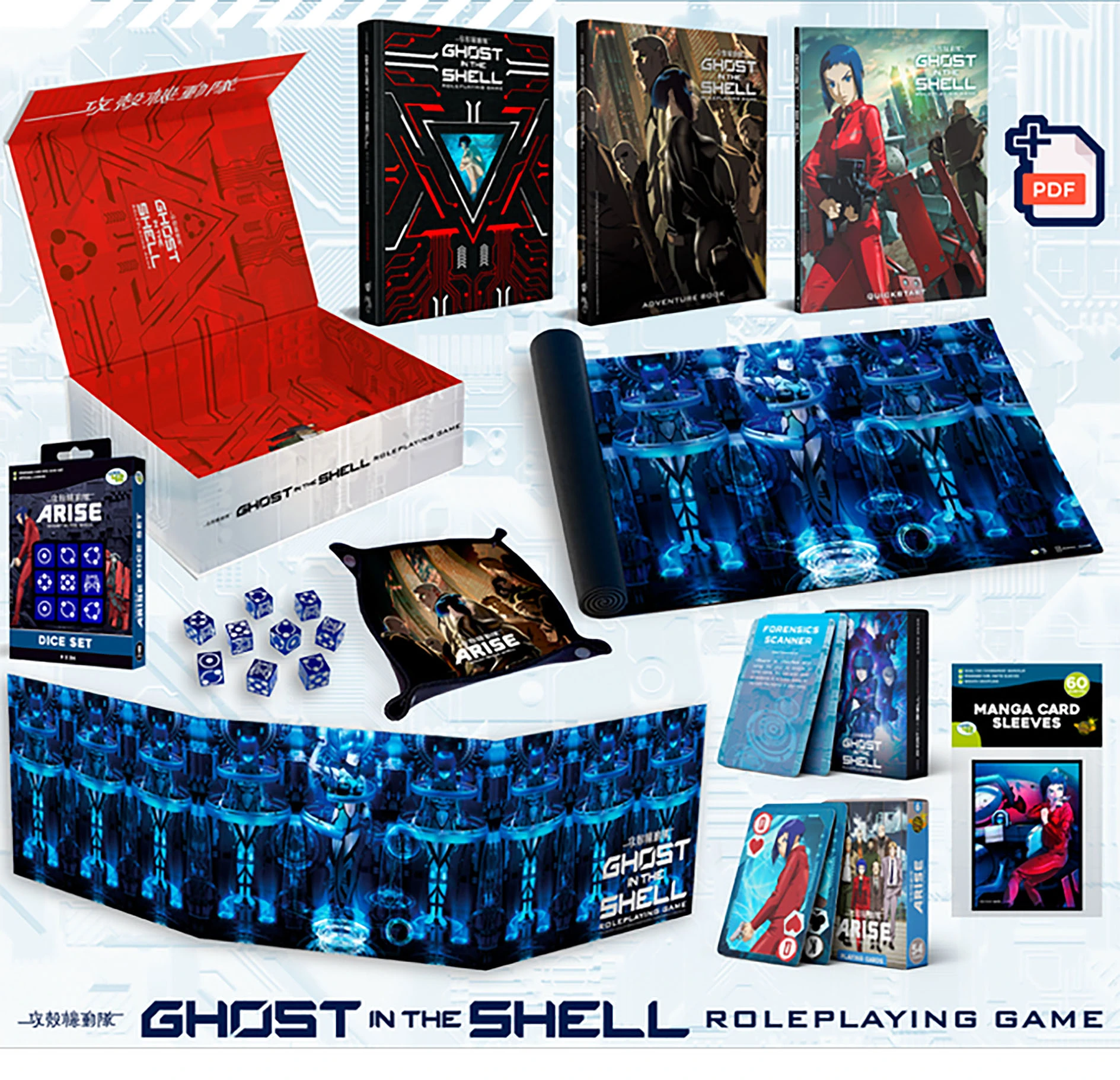 A collection of items related to the "Ghost in the Shell: Arise" role-playing game is displayed prominently. The centerpiece is a red and silver box labeled "GHOST IN THE SHELL," surrounded by various game components including a Deluxe Edition Corebook, an Adventure Book, and a Game Master Screen. There are also a set of blue six-sided dice, a dice tray, operative cards, playing cards, printed quickstart rules, card sleeves, and a playmat featuring a futuristic design. The overall aesthetic reflects the high-tech theme of the game, with vibrant colors and detailed artwork.