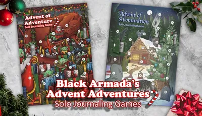 Two advent calendar-style solo journaling game covers with festive and spooky themes.