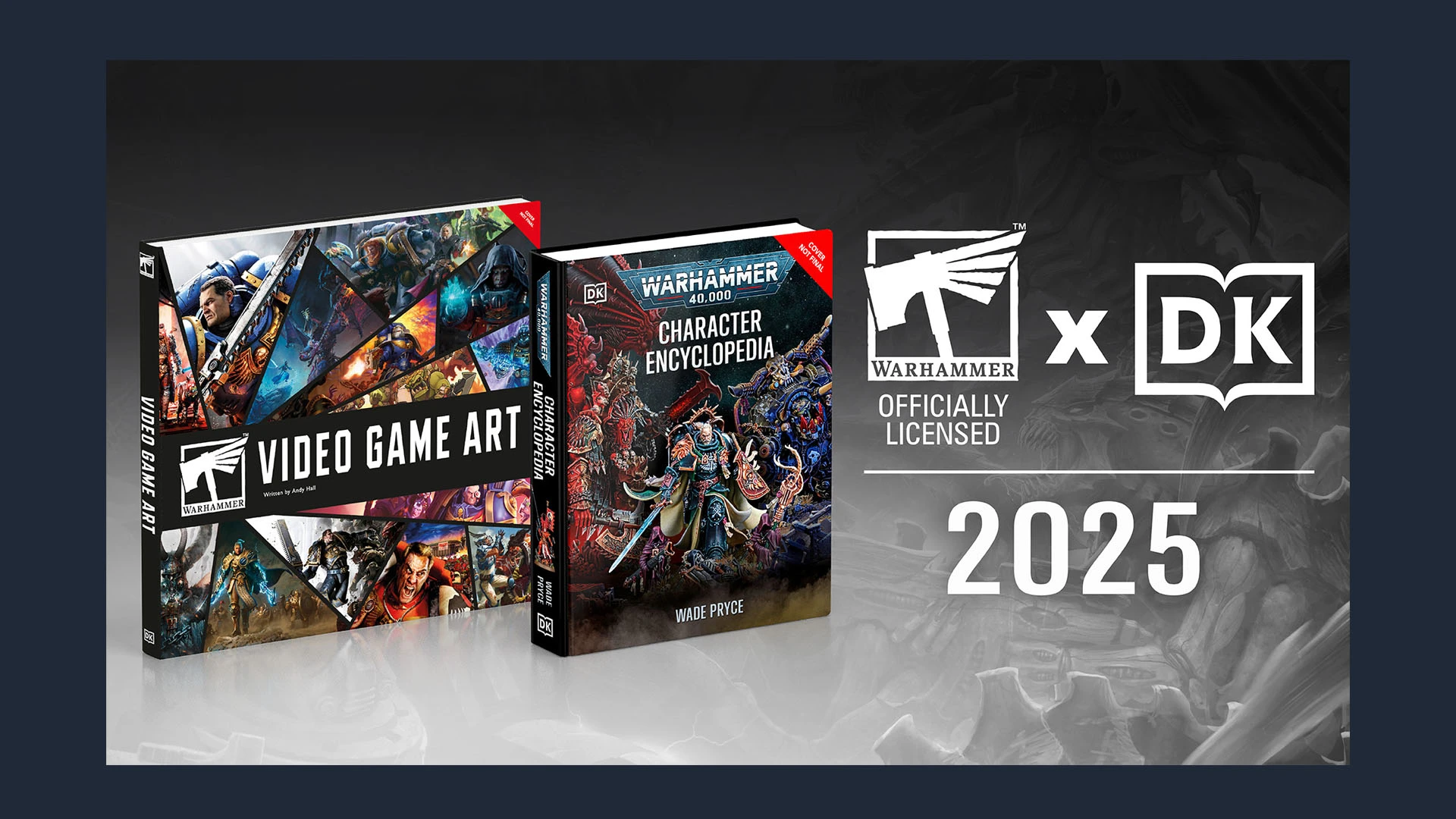 The image features two hardcover books side by side on a light surface. On the left is the "Video Game Art" book, showcasing a collage of vibrant artwork from various Warhammer video games, with a bold black title across the center. On the right is the "Warhammer 40,000 Character Encyclopedia," which has a dark cover adorned with intricate illustrations of characters, along with the author's name, Wade Pryce, at the bottom. The overall presentation highlights the rich visual and narrative elements of the Warhammer universe.