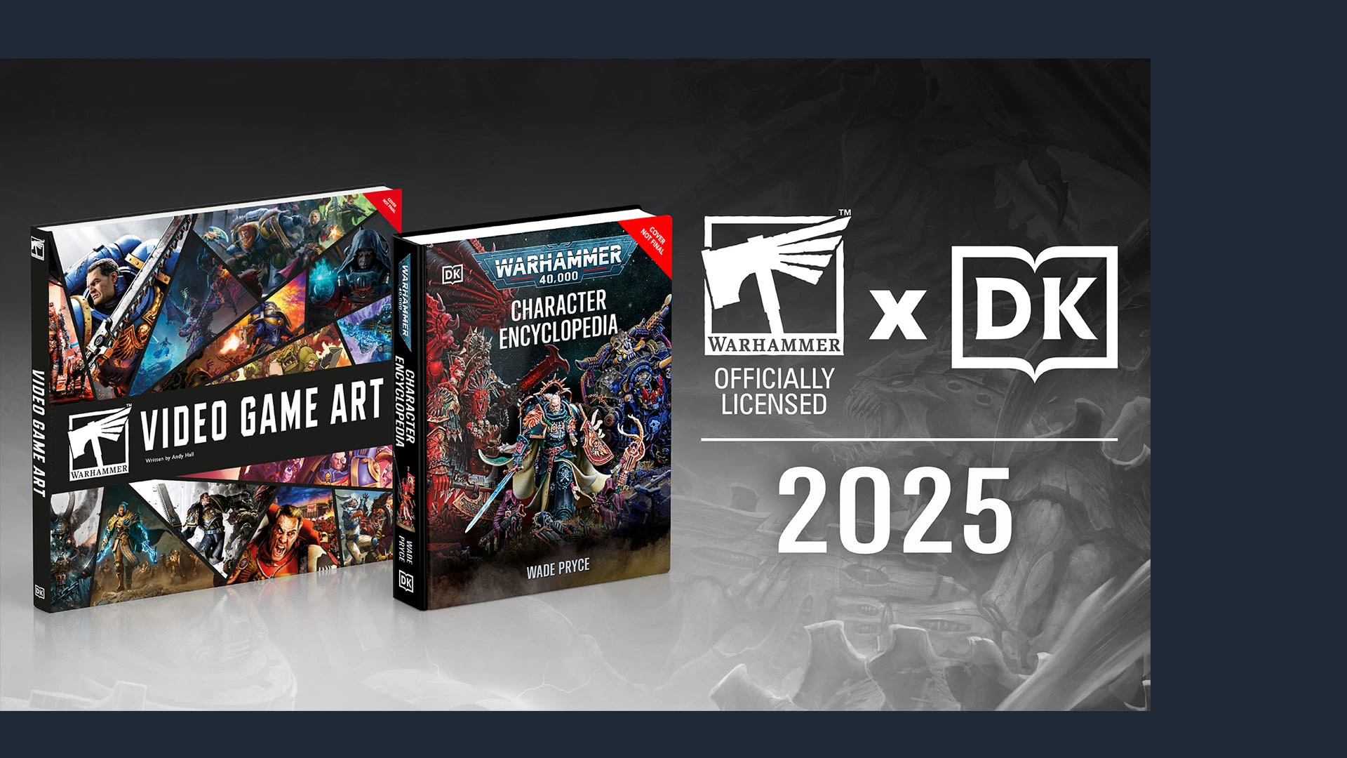The image features two Warhammer books prominently displayed side by side against a dark background. On the left is the "Video Game Art" book, showcasing a collage of vibrant artwork from various Warhammer video games, with characters and scenes depicted in dynamic poses. On the right is the "Warhammer 40,000 Character Encyclopedia," featuring a detailed illustration of a character in ornate armor, surrounded by intricate designs. Both books are designed with bold titles and branding, emphasizing their connection to the Warhammer universe.