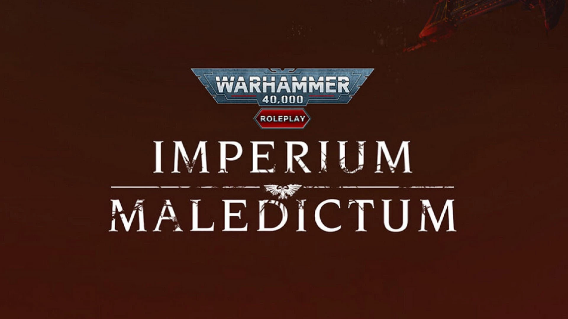 The image features the title "IMPERIUM MALEDICTUM" prominently displayed in bold, white lettering against a dark red background. Above the title, the "WARHAMMER 40,000" logo is showcased in a metallic blue and silver design, with the word "ROLEPLAY" highlighted in a red hexagon. The overall aesthetic conveys a sense of ominous grandeur, fitting for the Warhammer 40,000 universe.