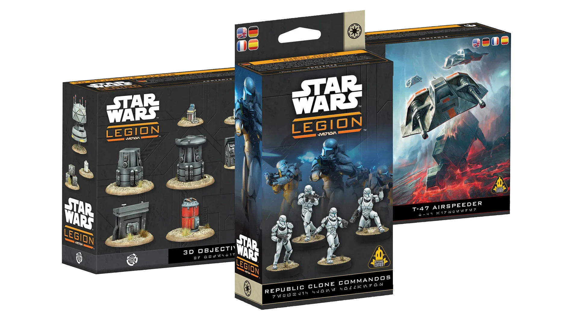 Three new Star Wars: Legion expansions are displayed, featuring distinct packaging for each. The foreground showcases the "Republic Clone Commandos" unit expansion, which includes four Clone army miniatures, while the background features the "T-47 Airspeeder" expansion, depicting the airspeeder in action. To the left, the "3D Objective Tokens" set is visible, highlighting various detailed tokens designed for gameplay.