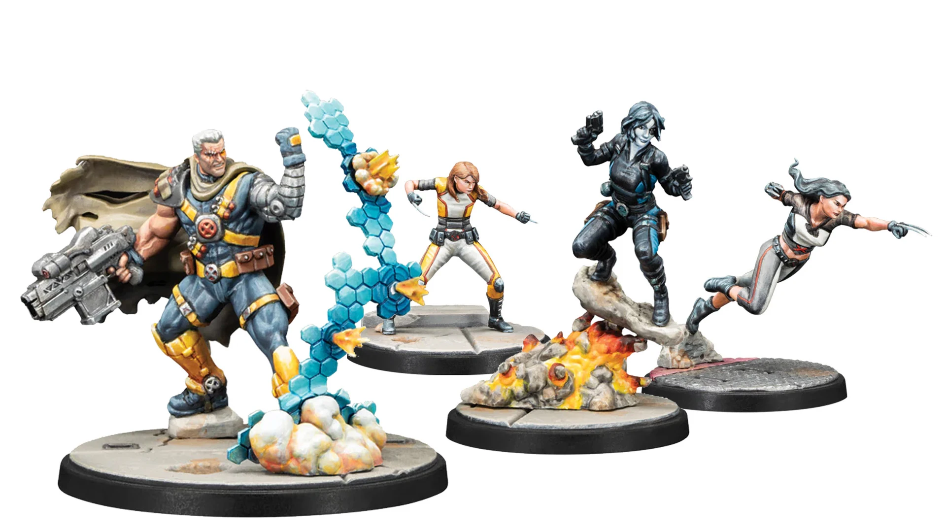 Four detailed miniatures are displayed, each representing dynamic characters in action poses. On the left, a blue hexagonal structure emits flames, while a character in a yellow and black suit stands confidently with one arm raised. The central figure, dressed in black, appears to leap from a rocky base with flames below, and to the right, another character in a white outfit is depicted mid-run, showcasing a sense of urgency.