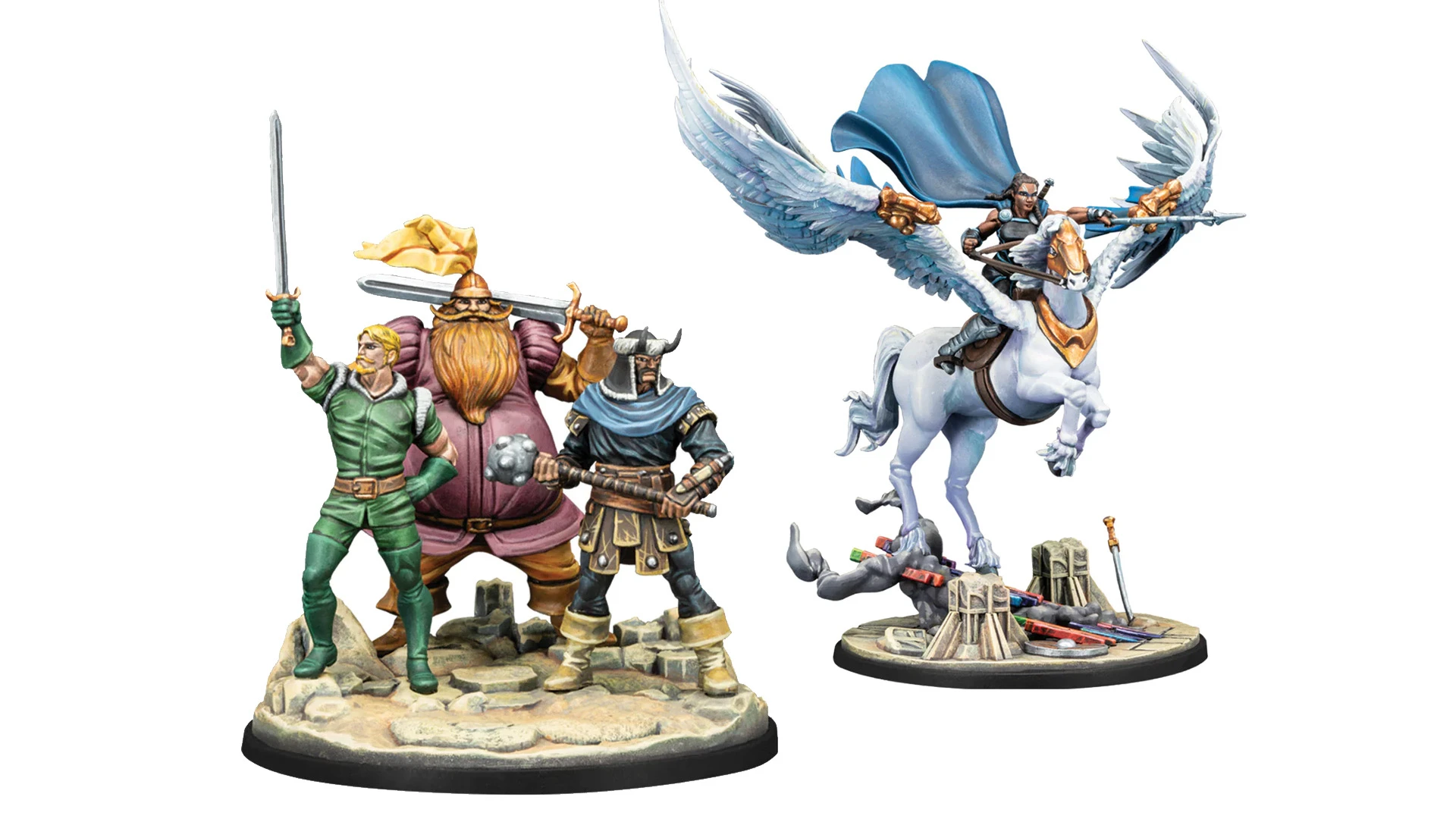 A group of four detailed tabletop miniatures is displayed on the left, featuring a green-clad warrior with a sword, a large bearded dwarf holding a sword, a knight in armor with a hammer, and a rogue-like character in dark clothing. On the right, a heroic figure rides a majestic white pegasus, wielding a sword, with large wings spread wide. The base of the miniatures is adorned with various weapons and debris, enhancing the fantasy theme.