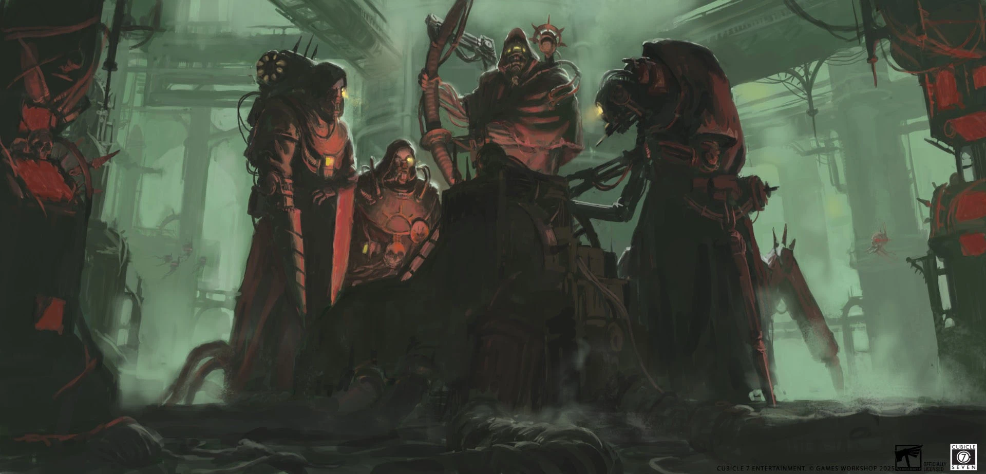 A dark and atmospheric illustration depicts two figures in a grim, industrial setting. On the left, a robed character with a skeletal face and glowing eyes stands, while on the right, a heavily augmented Tech-Adept in a long cloak looms, showcasing mechanical enhancements. The background features a misty, greenish hue with hints of machinery and structures, enhancing the eerie ambiance of the Adeptus Mechanicus theme.