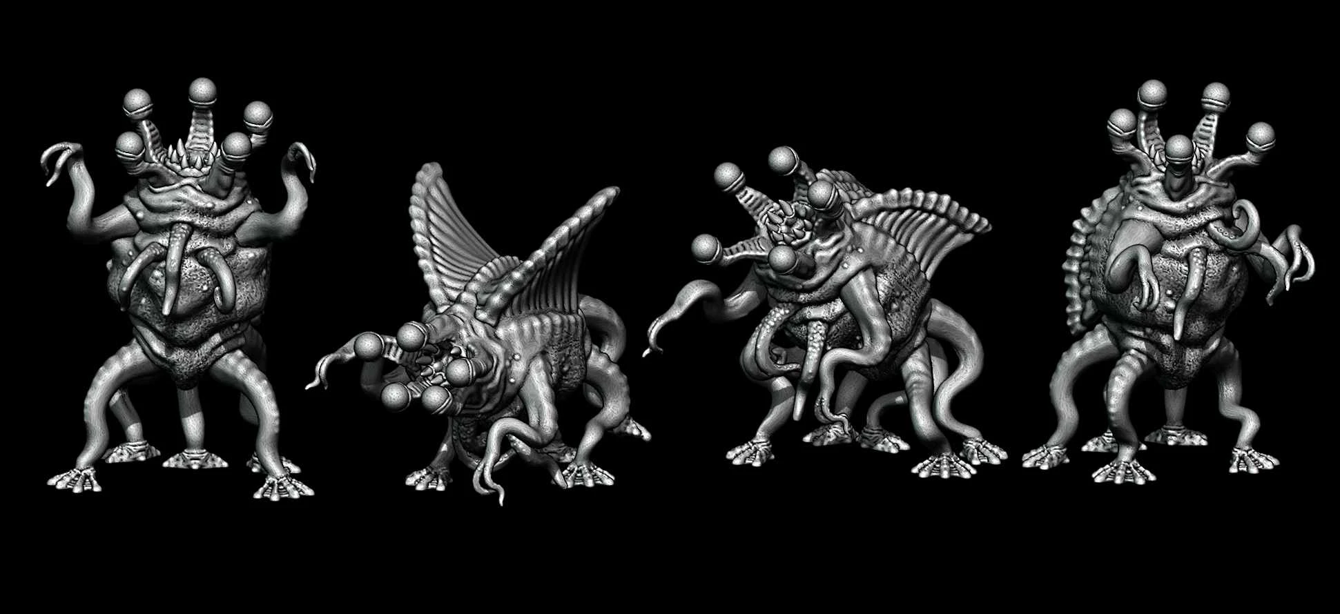 Eldritch creature with wings, four legs, tentacles and eyes on stalks