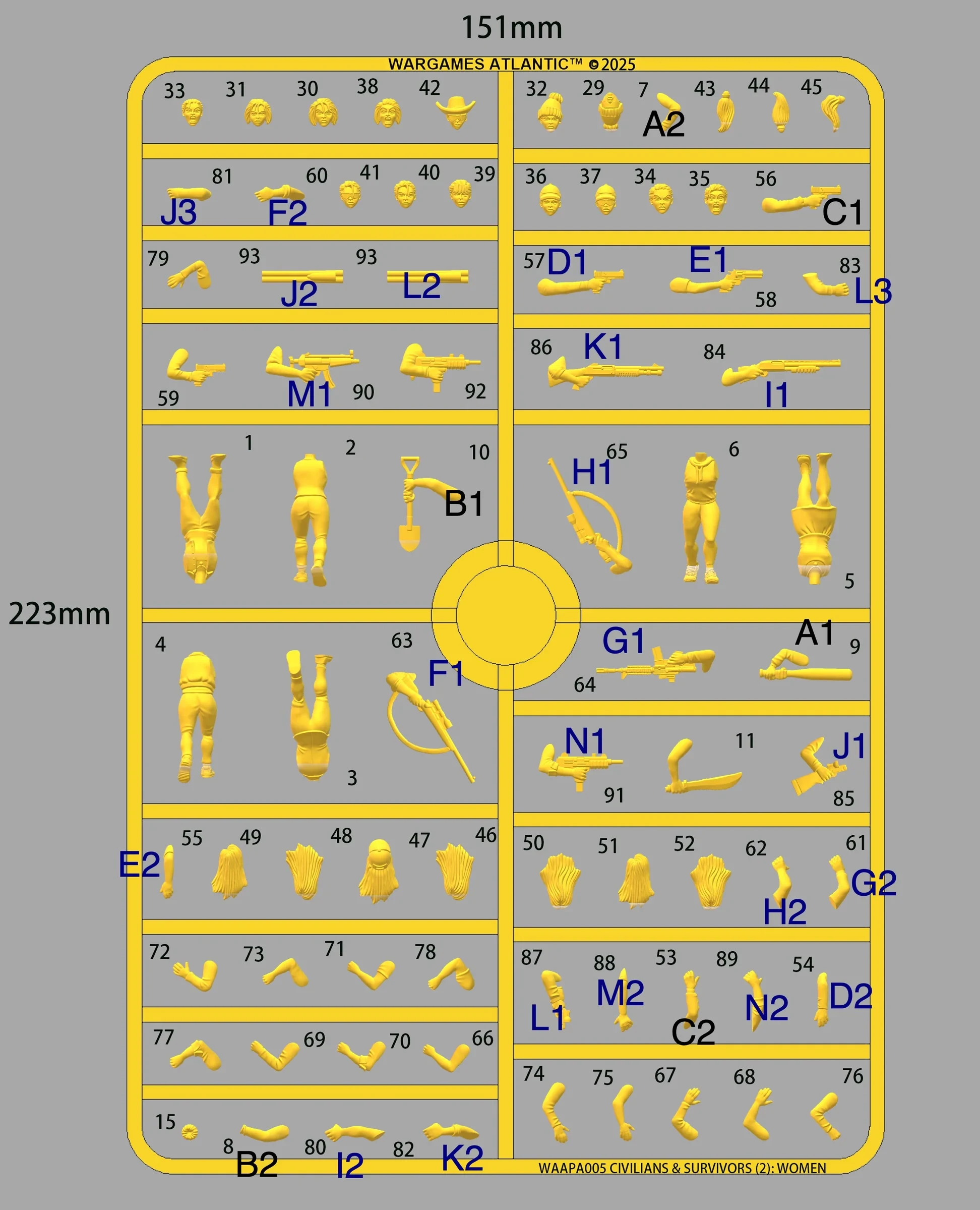 A detailed sprue layout showcases various miniature components for the Civilians & Survivors range by Wargames Atlantic. The sprue features a variety of yellow plastic parts, including six unique body poses, numerous heads, and an assortment of weapons such as shovels, baseball bats, and firearms. The layout is organized into sections, with each part labeled for easy identification, allowing for customization and assembly of characters ranging from panicked evacuees to hardened survivors.