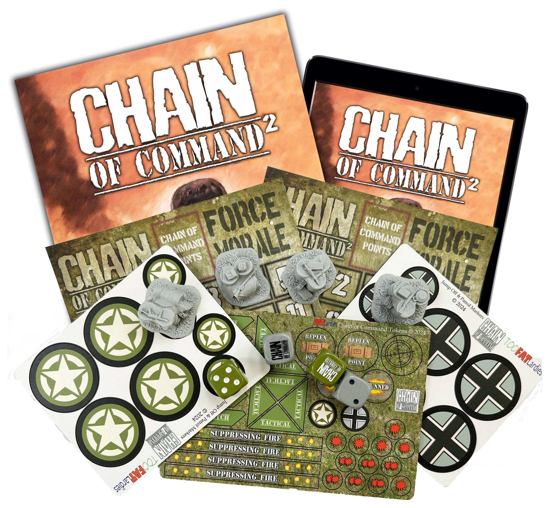 The image showcases the new edition of "Chain of Command," featuring the rulebook prominently at the top, with the title clearly visible. Surrounding the rulebook are various game components, including morale trackers, tokens with military symbols, and resin Jump Off Points. An iPad displaying the game interface is also included, emphasizing the digital aspect of the game.
