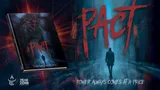 A dark and atmospheric book cover for the tabletop roleplaying game "Pact" features a prominent red pentagram and the title "PACT" in bold, stylized lettering. The background depicts a shadowy figure walking through a dimly lit urban environment, with hints of supernatural elements and a sense of foreboding. The tagline "POWER ALWAYS COMES AT A PRICE" is displayed at the bottom, emphasizing the game's themes of sacrifice and consequence.