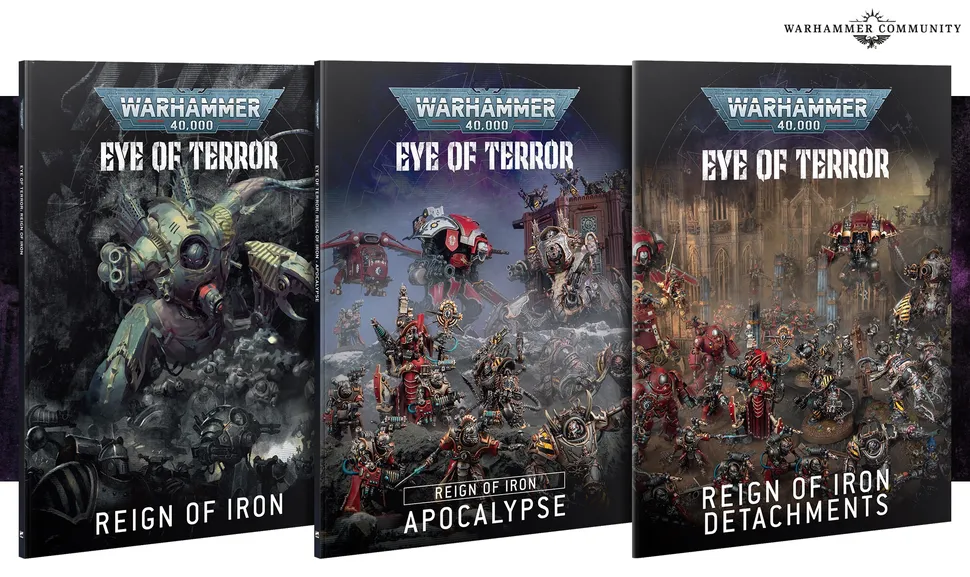 A slipcase set titled "Eye of Terror: Reign of Iron" for Warhammer 40,000 10th Edition features three hardcover books. The left book, "Eye of Terror: Reign of Iron," showcases a dark cover with imagery of Iron Warriors and mechanical elements. The center book, "Reign of Iron: Apocalypse," highlights large-scale battle scenes with various factions, while the right book, "Reign of Iron: Detachments," displays a more detailed scene with Chaos Space Marines and Imperial forces. Each book is visually distinct, emphasizing the themes of war and chaos in the Warhammer universe.