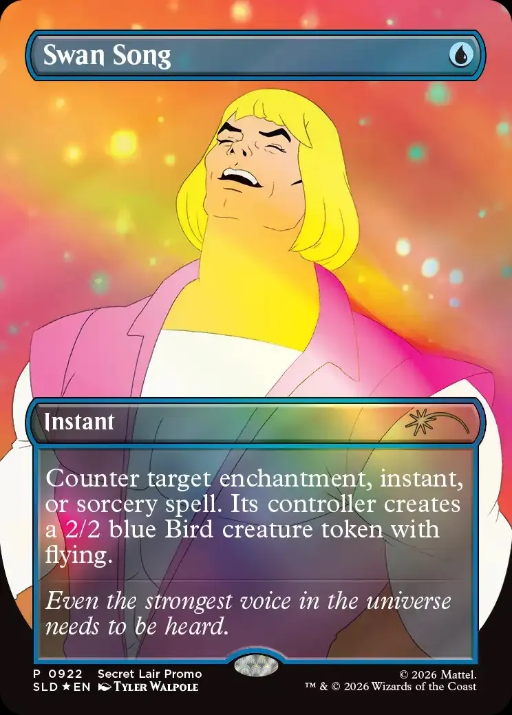 Blonde woman in pink jacket, colorful background, text "Swan Song" and "Instant"