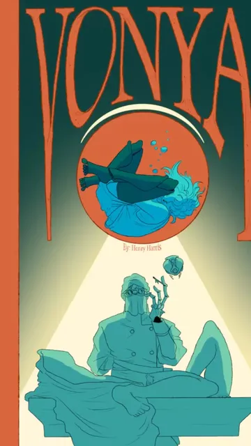 A seated figure in a long coat and hat, holding a glowing orb with a small creature inside. Above, a circular window shows a blue whale and smaller aquatic creatures in a red-orange underwater scene. Text reads "by Henry Harris" in small font near the top center.