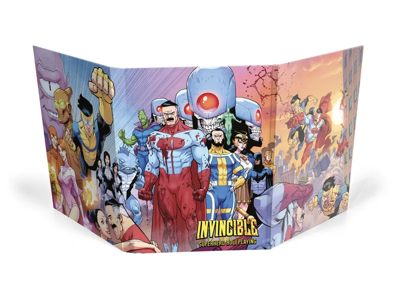 Colorful illustrated box art for a tabletop roleplaying game. In the center stands a muscular man in a red-and-blue costume with a scowling expression, his fists clenched and arms spread wide. Behind him are over twenty stylized characters in a variety of costumes and monstrous forms, some with capes, masks, and glowing eyes. At the bottom of the image, bold yellow text reads “INVINCIBLE” followed by smaller white text “SUPERHERO ROLEPLAYING.” The background is a gradient sky with clouds and faint city outlines.