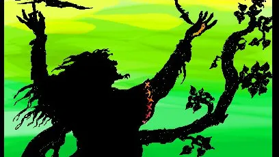 A silhouetted figure, possibly a mage, stands with arms raised against a vibrant gradient background of green and yellow. The figure is adorned with flowing robes featuring flame-like designs, and a dragon-like creature spirals above. In the lower right corner, there are two symbols, one circular and one resembling a stylized flame, adding to the mystical theme.