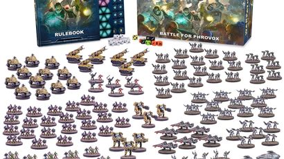 A large collection of 10mm-scale miniatures and game components for the Epic Warpath Battle for Phrovox starter set is displayed. The set includes a rulebook, tokens, and dice, alongside 440 plastic miniatures representing two armies: the Earth’s Enforcers and the Plague. Various types of miniatures are arranged, including infantry, vehicles, and command units, showcasing a diverse array of sci-fi designs and colors.